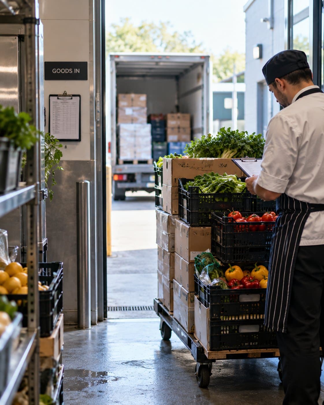 A chef checking a fresh produce delivery against the delivery note at the goods-in door