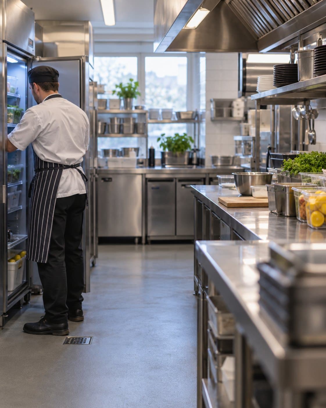 A chef checking the fridges in a bright restaurant kitchen before opening